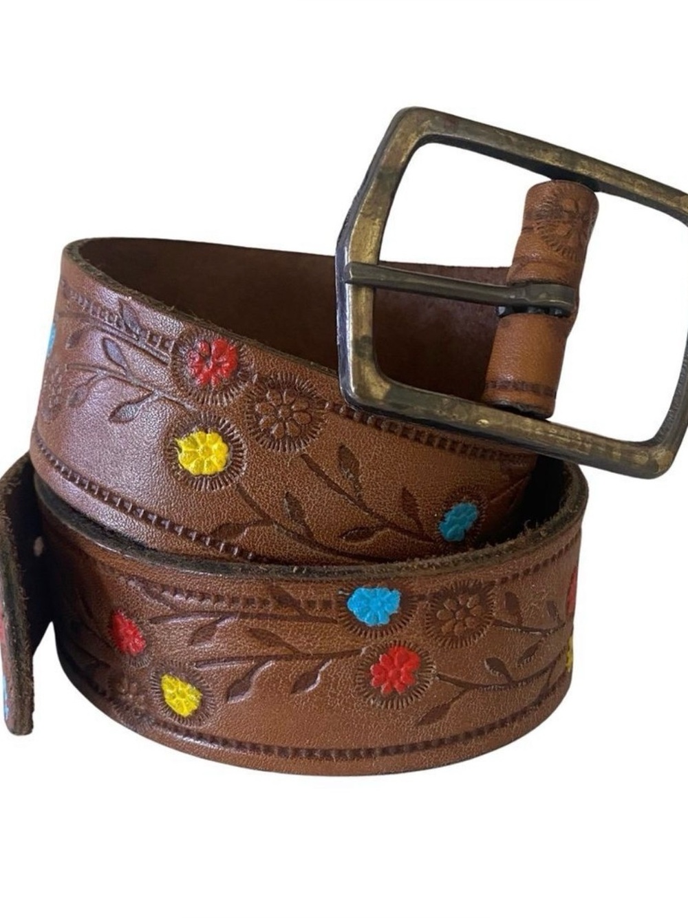Vintage 70s Hand Tooled Floral Leather Belt Brown Size Small